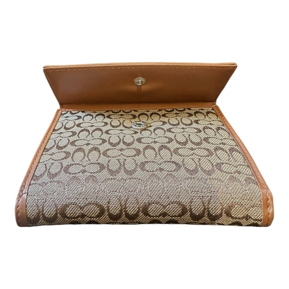 Tan & Brown COACH Signature Canvas Tri-Fold Wallet with Tan Interior - Picture 2 of 16